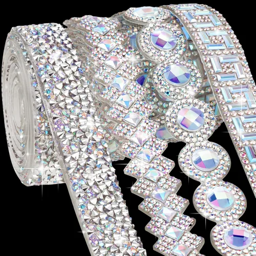 Vista 16 de Juexica Cintas autoadhesivas de diamantes de imitación de 4 yardas, 4 estilos de rollo de diamantes de imitación, cinta brillante con purpurina