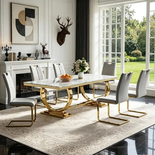 Vista 54 de 5 Piece Black Marble Dining Table Set for 4, Modern Faux Marble Kitchen Dining Room Tables with 4 Leather Chairs Set, 68.11" Luxury Rectangular