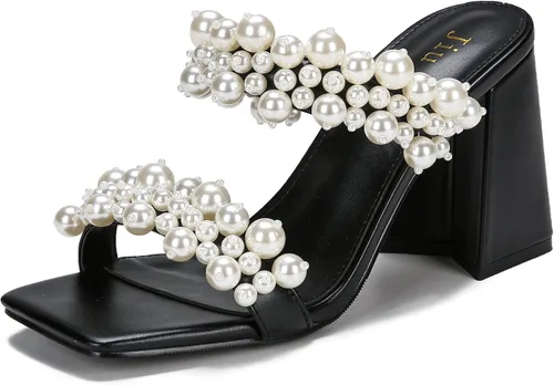 Jiu du Sandalias de tacón grueso para mujer, punta cuadrada, tacón alto, puntera abierta, sin cordones, con perlas