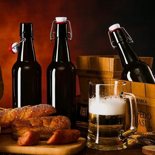 Vista 2 de YEBODA Botellas de cerveza de vidrio ámbar de 16 onzas para elaboración casera con tapas abatibles, caja de 6