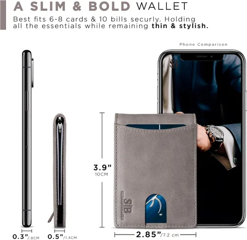 Vista 6 de SERMAN BRANDS RFID Blocking Slim Bifold Genuine Leather Minimalist Front Pocket Wallets for Men with Money Clip Thin Mens