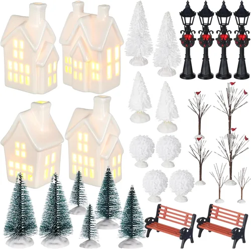 Vista 3 de 33 piezas de conjuntos de aldea navideña de cerámica con iluminación LED, decoración de aldea en miniatura de invierno blanco, figuras de resina