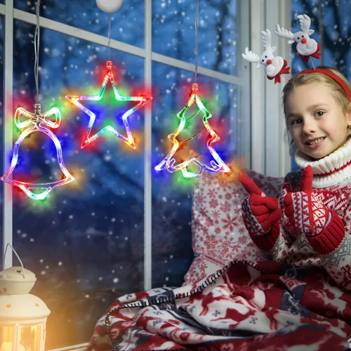 Vista 2 de Decoración de luz de ventana de Navidad, 3 luces iluminadas con forma de cascabel, árbol de Navidad, funciona con pilas, luces interiores