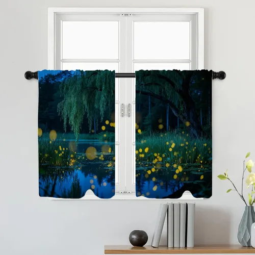 Vista 21 de Batmerry American Flag Ink Dot Tier Curtains, Red Blue White Stars Abstract Window Treatment Short Kitchen Curtain Multilayer Polyester Blackout for