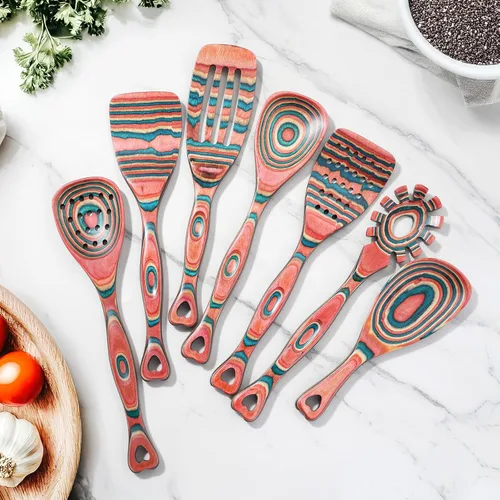 Vista 6 de Gudamaye Pakkawood - Juego de utensilios de cocina de madera de 7 piezas, cucharas de madera para cocinar, juego de utensilios de madera, cucharas