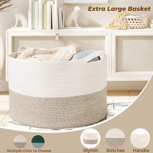 Vista 2 de Cesta de Cuerda de Algodón Extra Grande, Cestas Tejidas para Almacenamiento en la Sala de Estar, Cesta de Juguetes para Bebé y Perro con Asas
