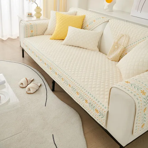 Vista 4 de vctops Funda acolchada de algodón para sofá, funda de sofá modular con bordado floral de granja, antideslizante, lavable, protector de muebles