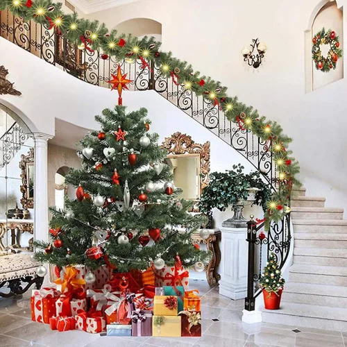 Vista 5 de FUNPENY - Guirnalda de Navidad artificial de 2,7 m, preiluminada, 50 luces LED, guirnalda de Navidad iluminada operada por pilas con 8 modos