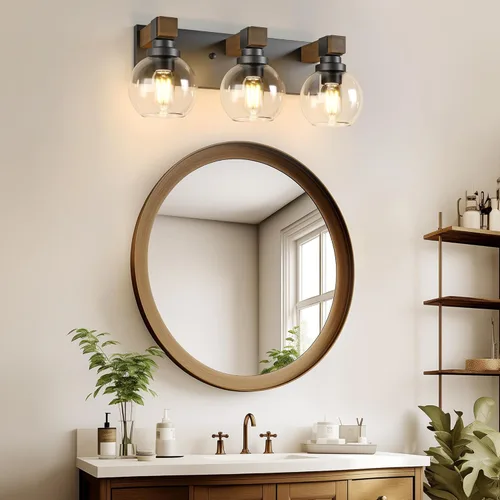 Vista 2 de Accesorios de iluminación de baño estilo granja, accesorios de luz de baño de madera de 3 luces sobre espejo, apliques rústicos de pared