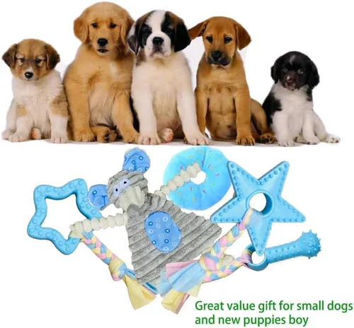 Vista 6 de Volacopets Juguetes para cachorros para dentición, juguetes masticables para cachorros para perros pequeños, suministros para cachorros, azul
