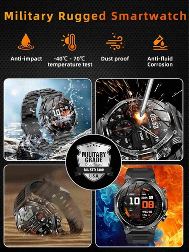 Vista 3 de KPEP Military Watches for Men with 2 Straps (Bluetooth Call), 1.75" HD Screen Military Watch with Flashlight, 800mAh Battery, SpO2 Heart Rate Sleep