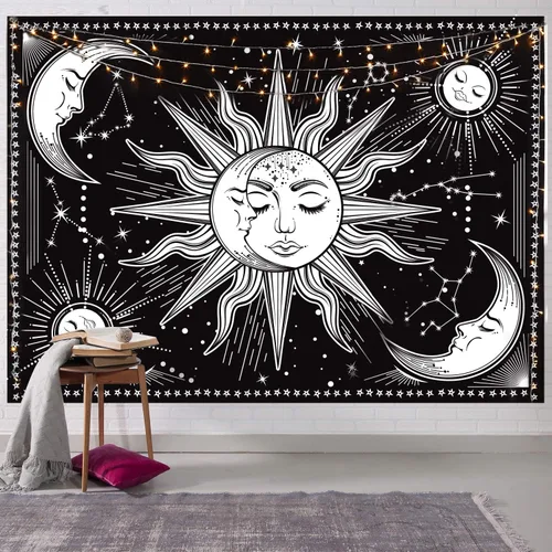 Vista 3 de Tapiz de pared blanco y negro, tapiz estético de luna para dormitorio, sala de estar, decoración de dormitorio, impreso sin flecos