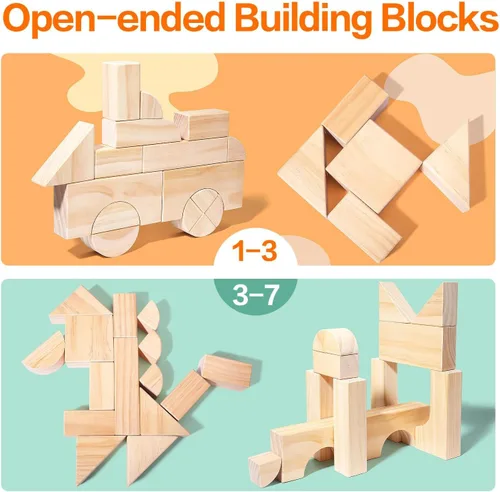 Vista 3 de Migargle Juego de bloques de madera grandes - Juguetes educativos de aprendizaje preescolar con caja de almacenamiento de madera, bloques para niños