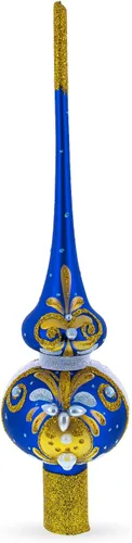 Perlas blancas dimensionales con hojas doradas en cristal soplado azul para árbol de Navidad de 11 pulgadas
