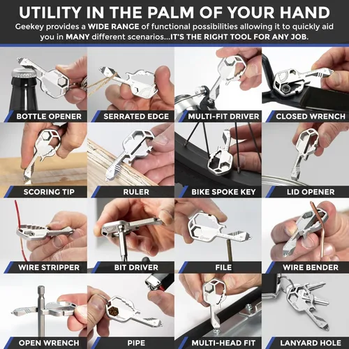 Vista 2 de Geekey Llavero multiherramienta – Herramienta EDC con más de 16 funciones Llavero abrebotellas pequeño con destornillador, llave inglesa