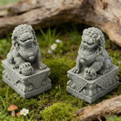 Vista 3 de livelyfish Estatuas asiáticas de perros Fu Foo, mini par de dos figuras de arenisca de león guardián, mascotas, pecera, acuario, paisaje
