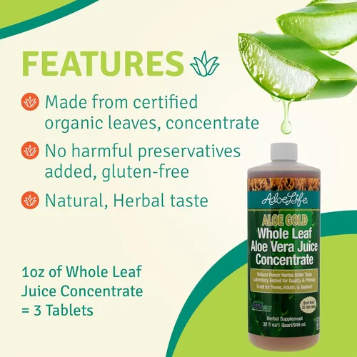Vista 4 de Aloe Life - Jugo de aloe vera de hoja entera, certificado orgánico, sin gluten (Aloe Gold, 32 oz)