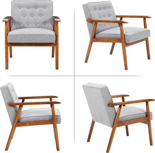 Vista 5 de UNICOO Silla de ocio con reposabrazos de madera maciza, silla de salón de madera tapizada de tela, sillas modernas para sala de estar (U205-gris)