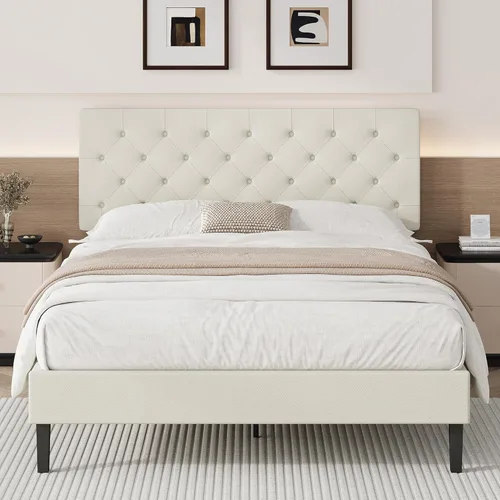 Vista 10 de BarnFurin Base de cama Queen, plataforma tapizada con cabecera capitoné con botones, camas de tela tamaño Queen con soporte de listones de madera