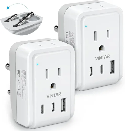 Vista 14 de VINTAR - Paquete de 3 adaptadores de enchufe de viaje europeos, adaptador de enchufe internacional plegable con 2 salidas de CA y 3 puertos USB
