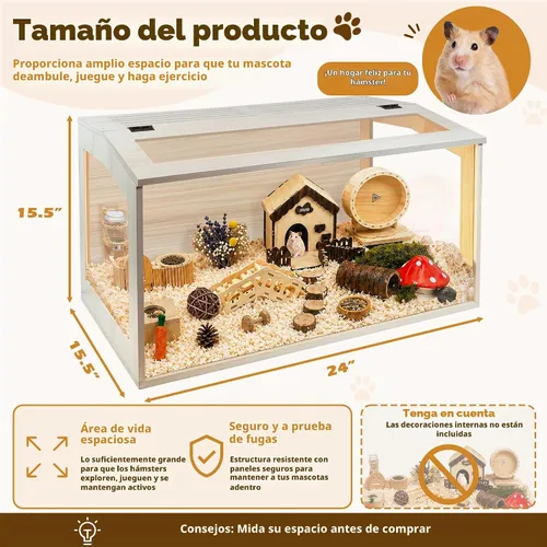 Vista 3 de PROLEE Jaula para hámster con parte superior de madera a prueba de masticación, jaulas de conejillo de indias, hábitat para hámster con hojas Roble