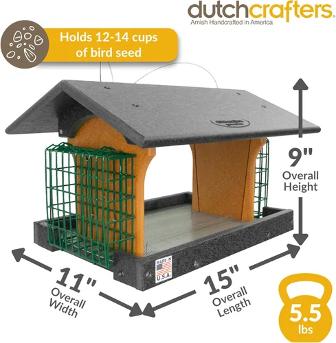 Vista 2 de DutchCrafters Comedero grande de plástico para pájaros con dos jaulas de sebo, comederos para pájaros para exteriores para alimentos o semillas
