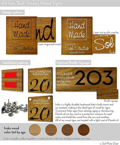 Vista 5 de Modern Hotel - Apartment Door Sign Vertical - Solid Wood African Teak Iroko with Laser Engraving - Wall mounted Room Number - Art Deco Font