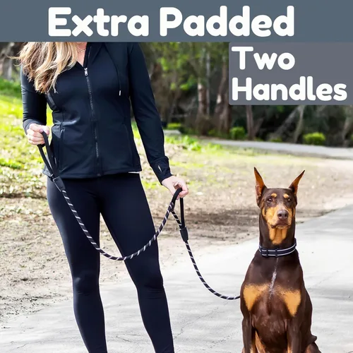 Vista 2 de Correa para perro de 6 pies, dos asas extra acolchadas, clip de mosquetón de bloqueo, reflectante para visibilidad nocturna, resistente a la Negro
