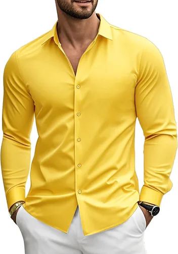 Barry.Wang Camisas de vestir elásticas para hombre, de manga larga, con botones, formales, informales, negocios, bailes, fiestas, bodas