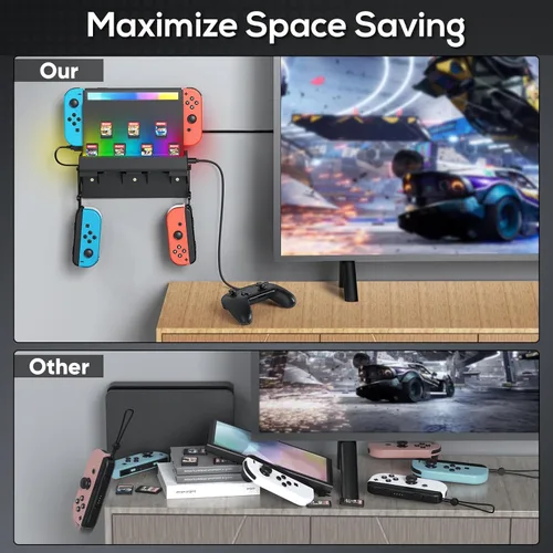 Vista 6 de Switch Wall Mount for Nintendo Switch and Switch OLED,Game Holder Stand with RGB Light,Console Shelf for Charging Dock,7 Game Card,4 Controller