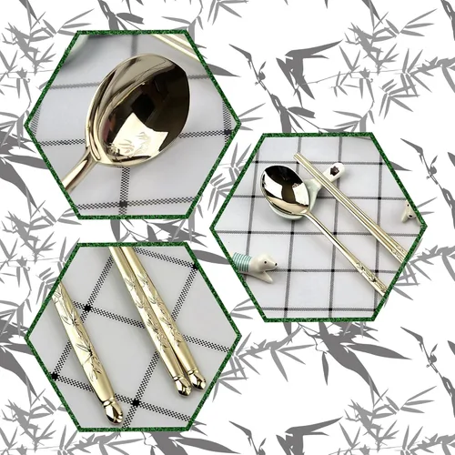 Vista 5 de [Hecho en Corea] Juego de palillos de cuchara de arroz pegajosa con diseño de bambú, chapado en titanio dorado, cuchara de sopa de acero inoxidable