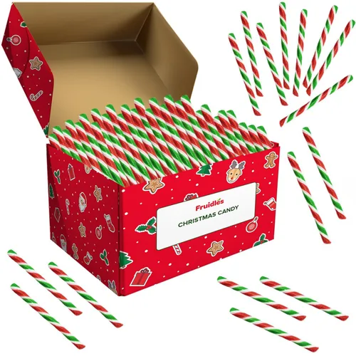 Vista 4 de Fruidles - Piruletas de azúcar navideñas en caña, sabor multicolor a frutas mixtas al estilo tradicional, envueltas individualmente, 5.5 pulgadas