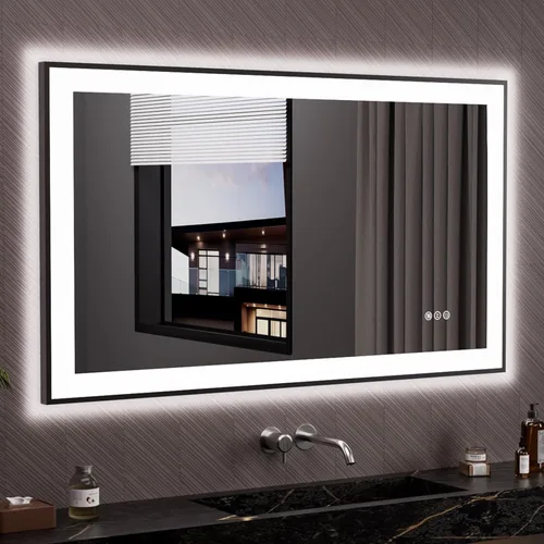 Vista 31 de LOAAO Espejo de baño LED de 20 x 28 pulgadas, marco negro, antiniebla, regulable, espejo de tocador de baño iluminado para pared, función