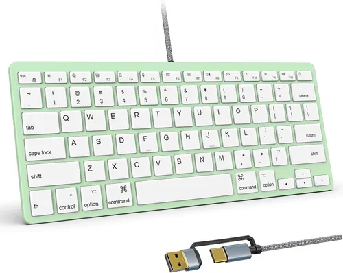 Vista 11 de Teclado con cable ultradelgado para Apple Mac, cable de conversión USB y tipo C, 78 teclas de tijera, teclas de acceso rápido multimedia, compatible