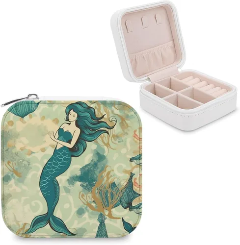 Retro Mermaid Jewelry Box for Girls Women Custom Travel Jewelry Case Portable Jewelry Storage Box Mini Jewelry Organizer Case for Rings, Necklaces,