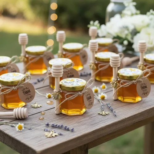 Vista 3 de Adabocute Mini tarros de miel – Tarro hexagonal de miel de vidrio con tapas doradas, cubos de madera, abalorios de abeja y yutes – Pequeños tarros