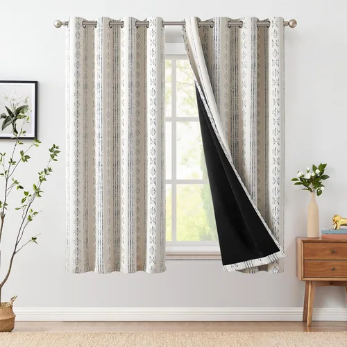 Vista 55 de jinchan - Cortinas bohemias 100% blackout de 54 pulgadas de largo para dormitorio, estampado geométrico negro sobre beige, con ojales