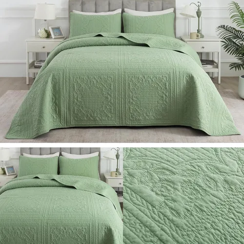 Vista 5 de Brandream Juego de edredón de algodón verde salvia, juego de ropa de cama de casa de campo de casa de campo, juego de colcha de 2 piezas