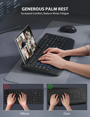 Vista 2 de Combo de teclado y mouse inalámbrico - Teclado ergonómico de tamaño completo con reposabrazos, soporte para teléfono, modo de suspensión, combo
