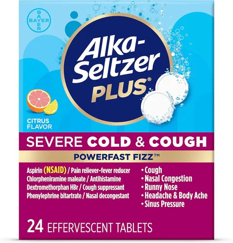 ALKA-SELTZER PLUS Severe, Medicamento para resfriado y tos para adultos, Tabletas efervescentes de cítricos PowerFast Fizz, Alivio rápido de dolor