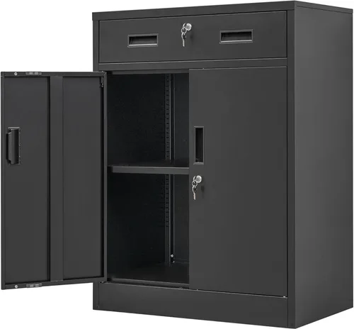 Wanfu Gabinete de almacenamiento de metal, armario con bloqueo con 1 cajón y estante ajustable, 36 pulgadas de alto x 28 pulgadas de ancho x 16 Negro