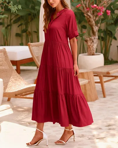 Vista 9 de dowerme Vestidos de verano para mujer, casual, manga corta, con botones, ajuste holgado, plisado, bohemio, fluido, vestido largo para playa