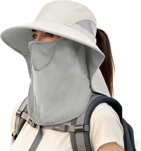 Sombrero de ala ancha para hombre y mujer, sombrero de pesca con coleta, con solapa desmontable para la cara y el cuello, protección UPF 50+ UV Beige