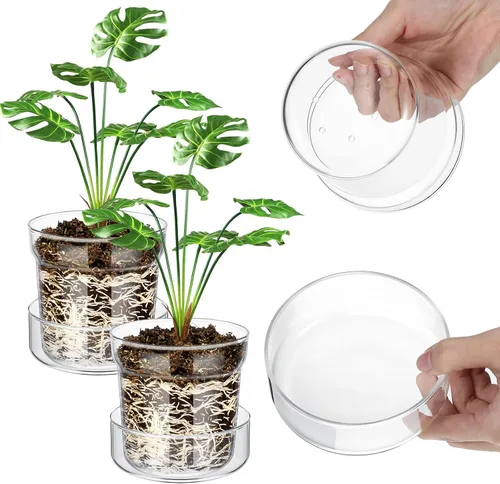 Macetas de vidrio de 4 pulgadas con platillo, macetas de vivero de flores con drenaje para iniciación de semillas de flores, plántulas transparentes