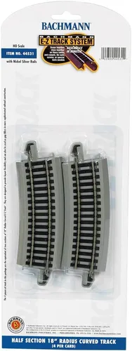 Vista 2 de Bachmann Trains - Raíl E-Z Track Half Section 18" RADIUS CURVED (4/tarjeta) - Riel de plata de níquel con plataforma gris - Escala HO, gris