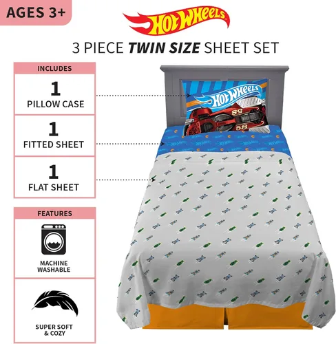 Vista 3 de Franco Ropa de cama para niños Juego de sábanas súper suaves, 3 piezas, tamaño individual, Hot Wheels