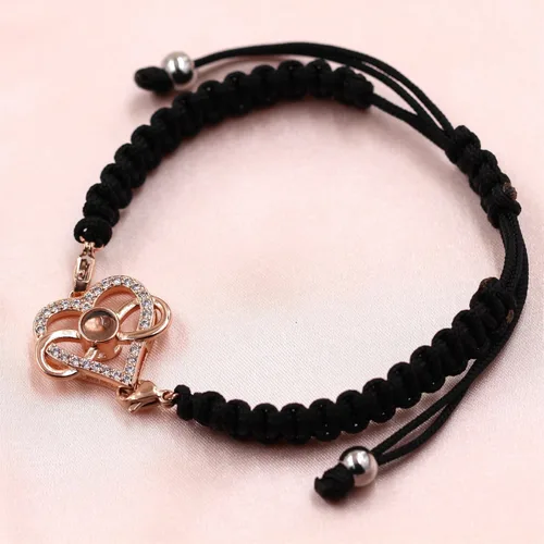 Vista 4 de Pulsera con texto en inglés "I Love You" en 100 idiomas, pulseras de proyección de corazón, cuerda trenzada ajustable, regalos de amor para mamá