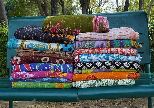 Vista 4 de Boho Sanskriti Colcha india vintage, mantas, Ralli, Lot Kantha, reversible, colcha de algodón Gudari, piezas individuales, tamaño individual