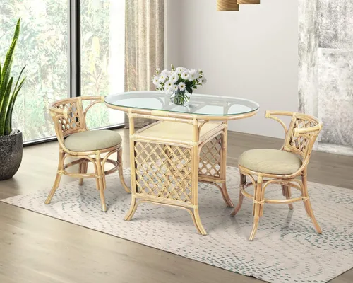 Vista 15 de Borneo - Juego de mesa de comedor compacto con tapa de cristal + 2 sillas, muebles coloniales hechos a mano de mimbre natural