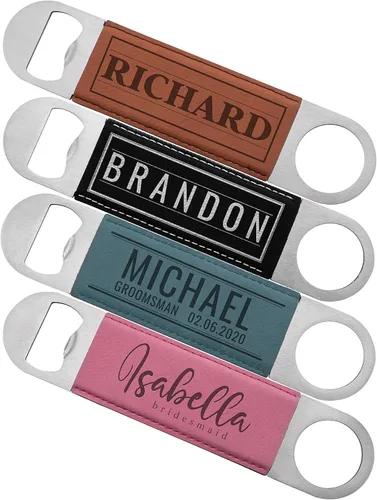 Vista 4 de Juego de 6 abrebotellas personalizados, diseño de cuero inoxidable, 10 diseños, marrón, despedida de soltero y regalo de boda